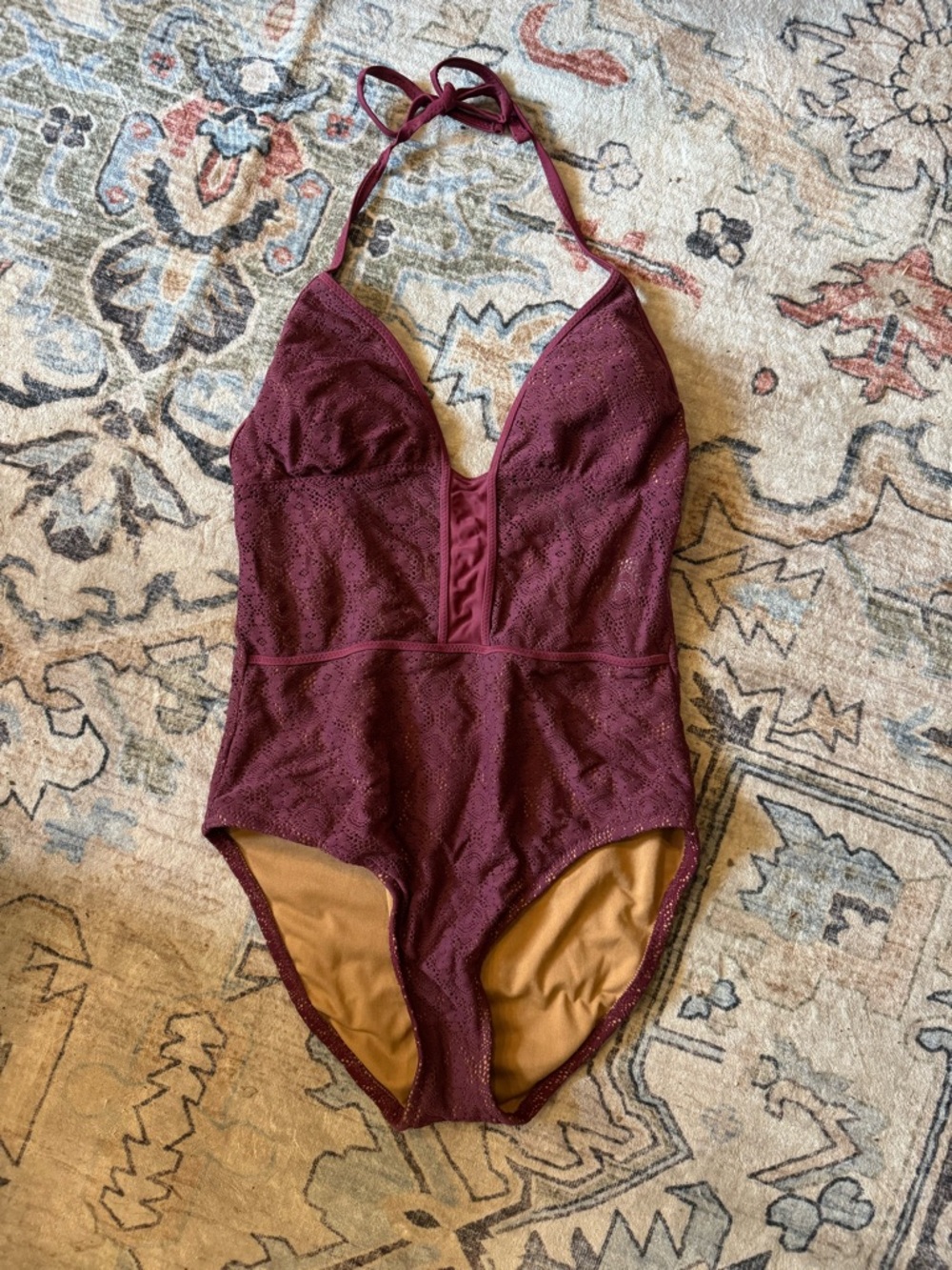 Lace One-Piece Halter Swimsuit in Deep Wine